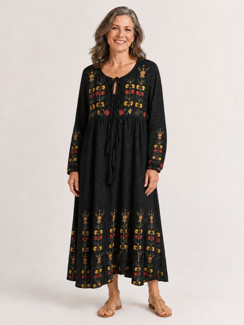 RAGA Boho Peasant Embroidered Lace Front Tassel Cottagecore Dress Large